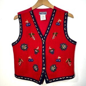 Erika Classics Wool Blend Vest Womens Sz L Metal Button Red Floral Embroidery